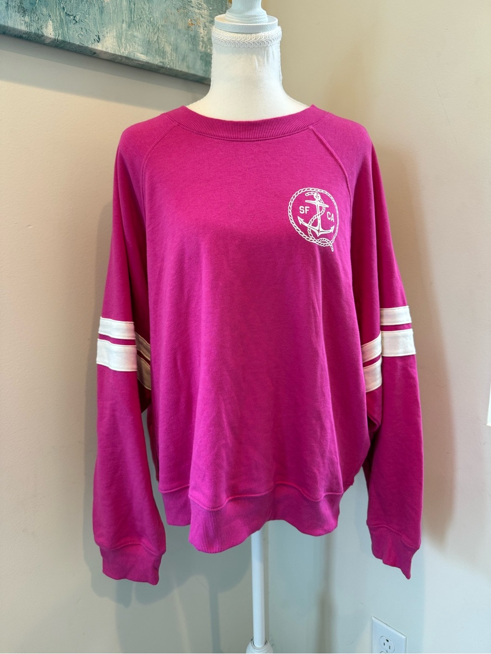 Old Navy Magenta Crewneck Sweatshirt with White Sleeve Stripes
